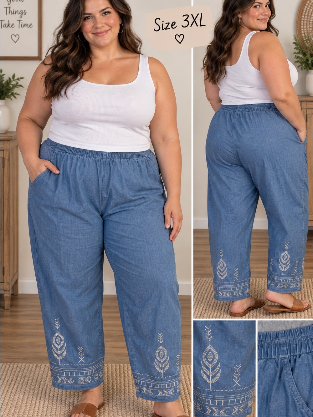 Plus Size Chambray Wide Leg Pants with Embroidered Hem
